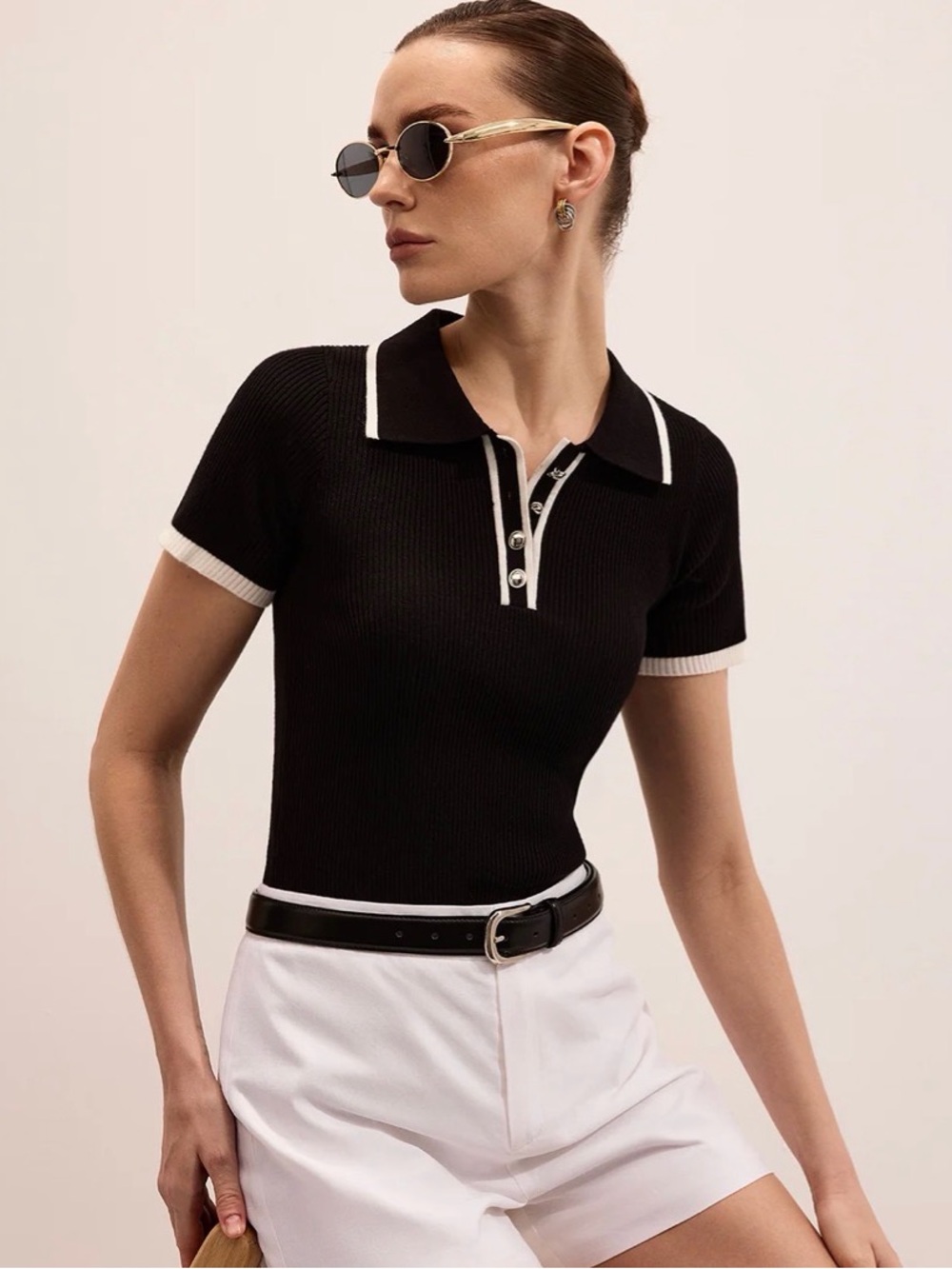 Commense Black Ribbed Knit Polo Top with White Contrast Trim
